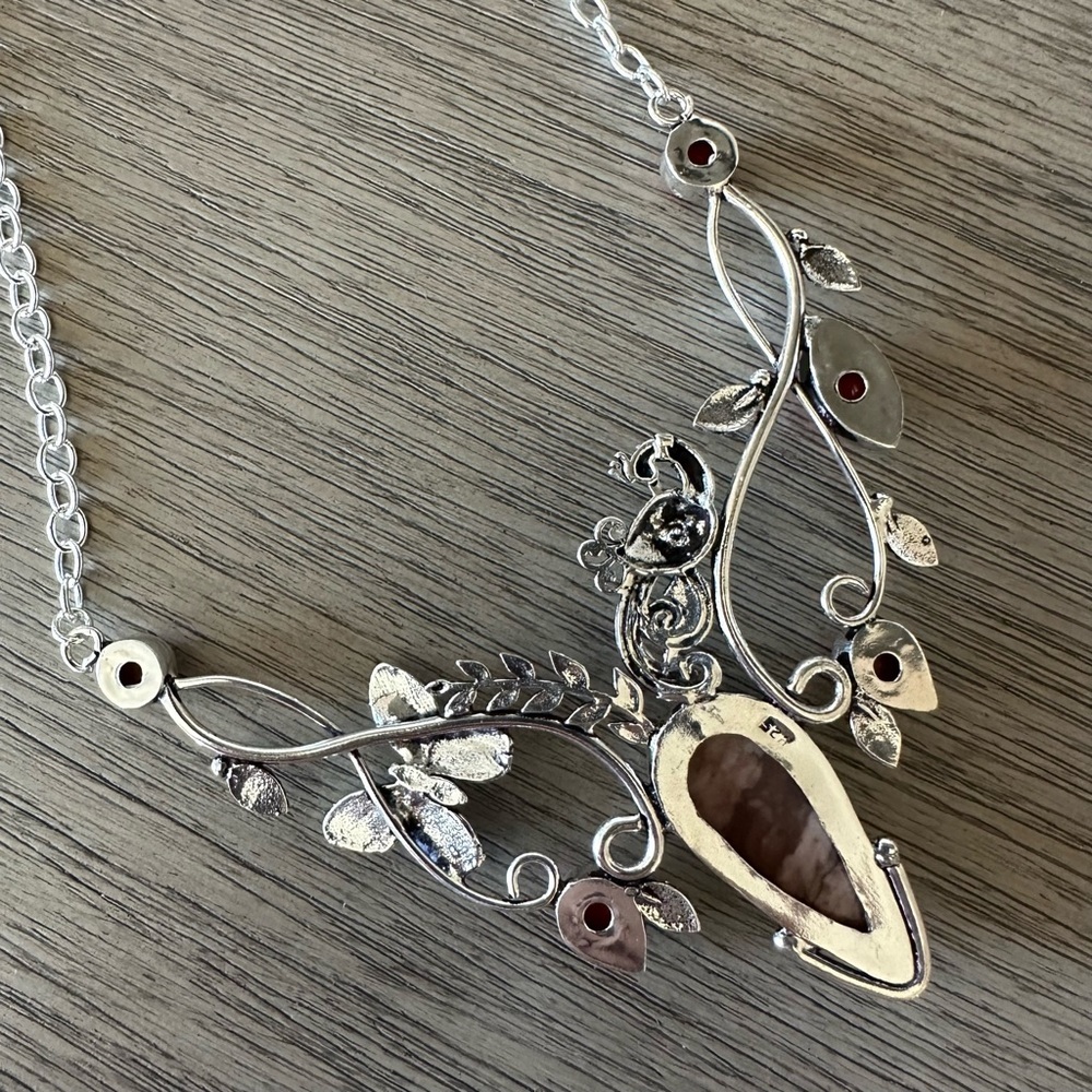 0632 Hand Crafted Silver & Red Peacock Statement Necklace with Filigree Accents - Picture 9 of 11